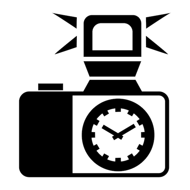 Camera met flitspictogram in eenvoudige stijl op een witte vectorillustratie als achtergrond