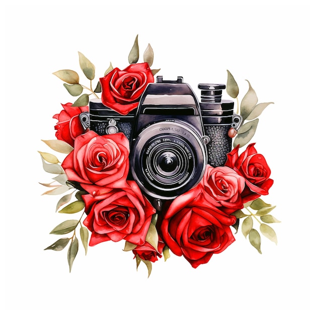 Camera omringd door bloemen waterverf verf