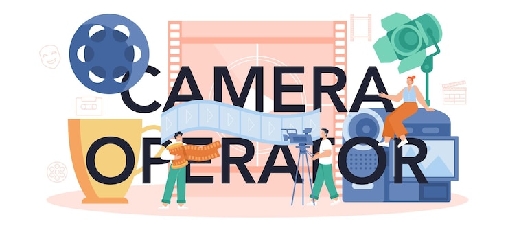 Vector camera operator typographic header video production filming and editing videographer or motion designer shooting visual content for media with special equipment flat vector illustration