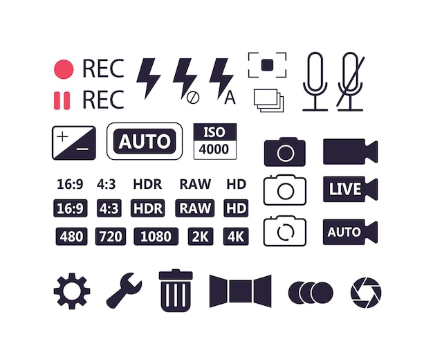 ベクトル 白い背景で隔離のカメラ設定アイコンサインセット
