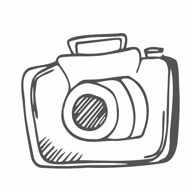 Camera, Shooting equipment. Digital technology. Sketch icon, vector illustration in doodle style.