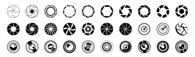 Vector camera shutter icons set camera lens diaphragm set photo camera lens diaphragm