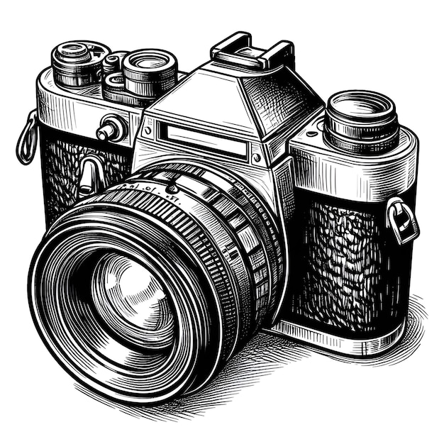 白い背景に黒と白のベクトルイラストを描くカメラのスケッチ
