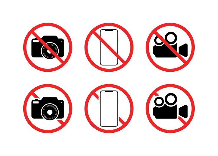 Vector camera smartphone and video camera set icons prohibitory icon sign flat and silhouette style vector icons