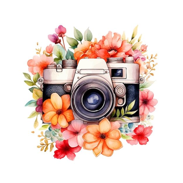 Vector camera surrounded by flowers watercolor paint