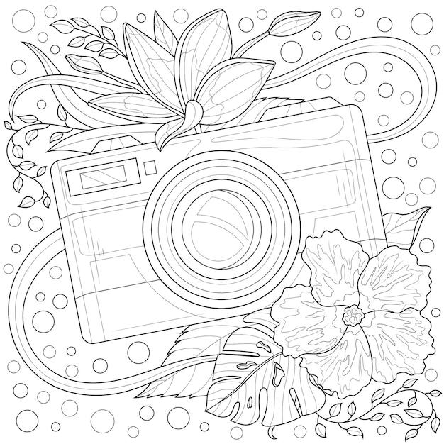 Fotocamera e fiori tropicali con foglielibro da colorare antistress per bambini e adulti