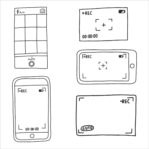 スマートフォン画面のカメラビューファインダーアプリケーションインターフェース ムービーモード ドードルスタイルのスケッチ ベクトルイラスト