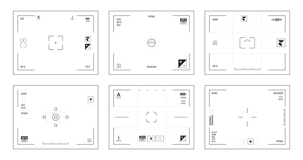 Camera viewfinder. Dslr ui interface template with pictograms lens focused videos vector collection