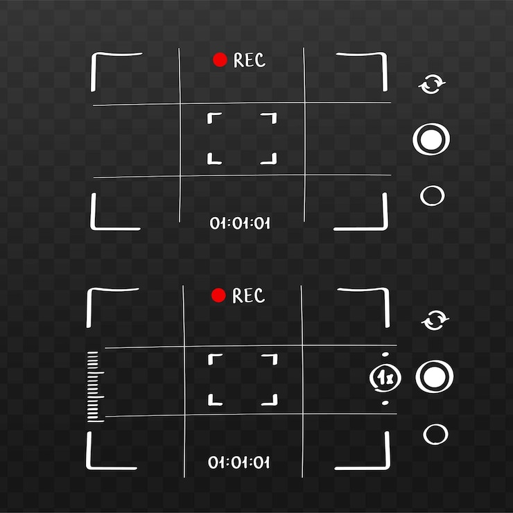 Vector camera viewfinder screen with recording elements grid rec icon interface design on dark backgroun