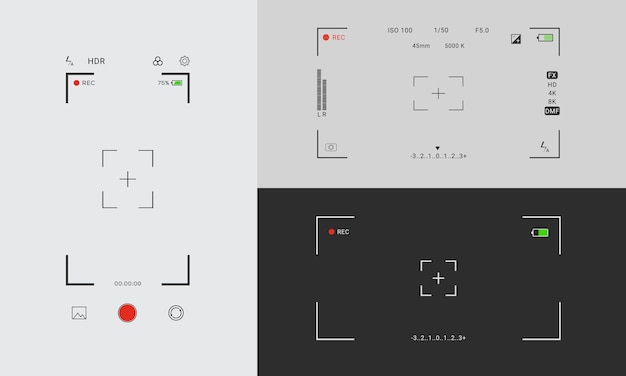 Vector camera viewfinder set, screen with settings and record. focus zoom, battery status, video quality,
