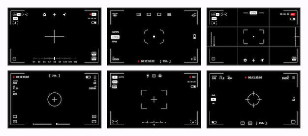 Вектор Видоискатель камеры видеозапись и фотосъемка шаблоны экрана dslr интерфейс цифровой видеокамеры фокусировка макета черной рамки с кнопками регулировки набор векторных пленок и фото пустых окон