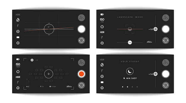 Camera viewfinders. mobile video and photo app. realistic interface with horizontal, landscape mode, hold steady, ui elements. dark smartphone or camcorder screen buttons. vector snapshot display set