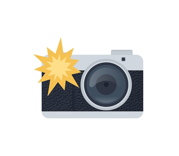 Vector camera with flash light vector isolated icon. photo camera emoji illustration. camera vector icon