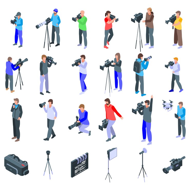 Vector cameraman iconen set, isometrische stijl