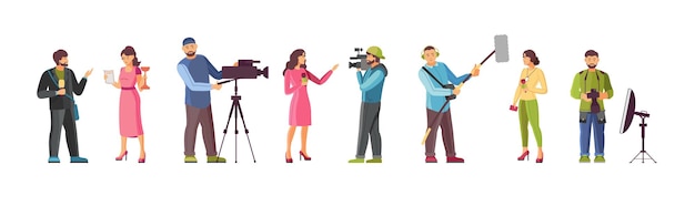 Vettore giornalista cameraman e reporter imposta la troupe televisiva che intervista la registrazione di programmi televisivi