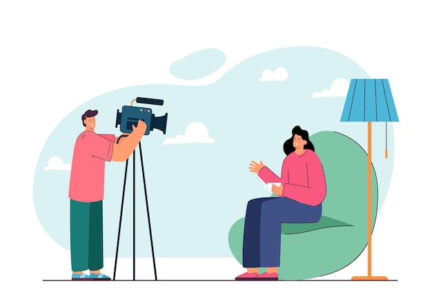 Cameraman recording girl on camera flat vector illustration