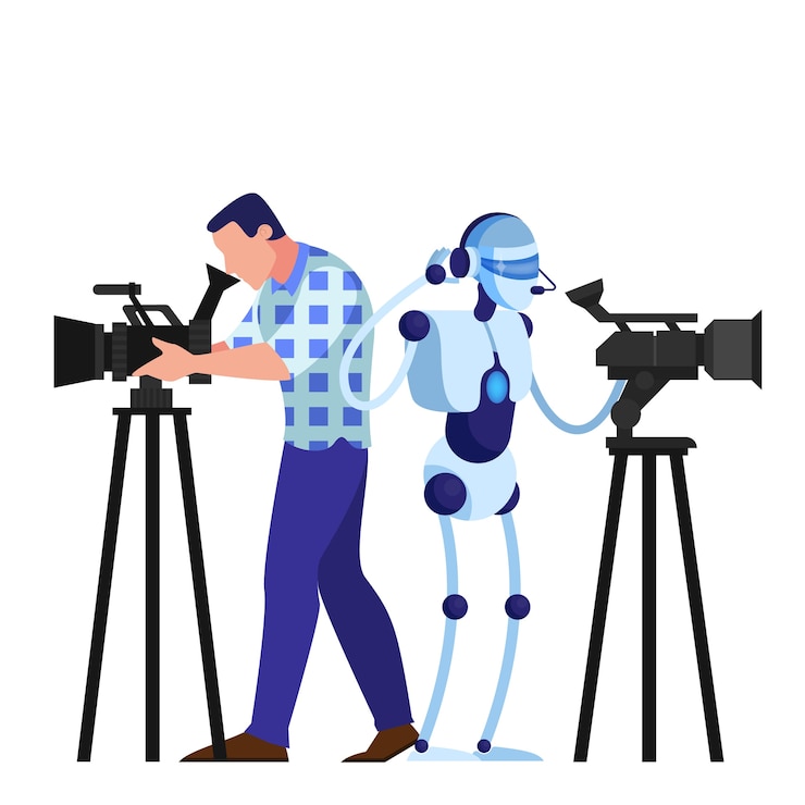 Vector cameraman and robot shooting movie. video equipment, televesion occupation. artificial intelligence.    illustration