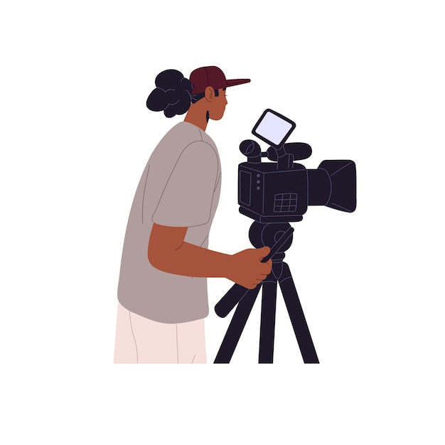 Vector cameraman shooting reportage with professional camera videographer works at cinematograph video operator recording cinema movie videography flat isolated vector illustration on white background