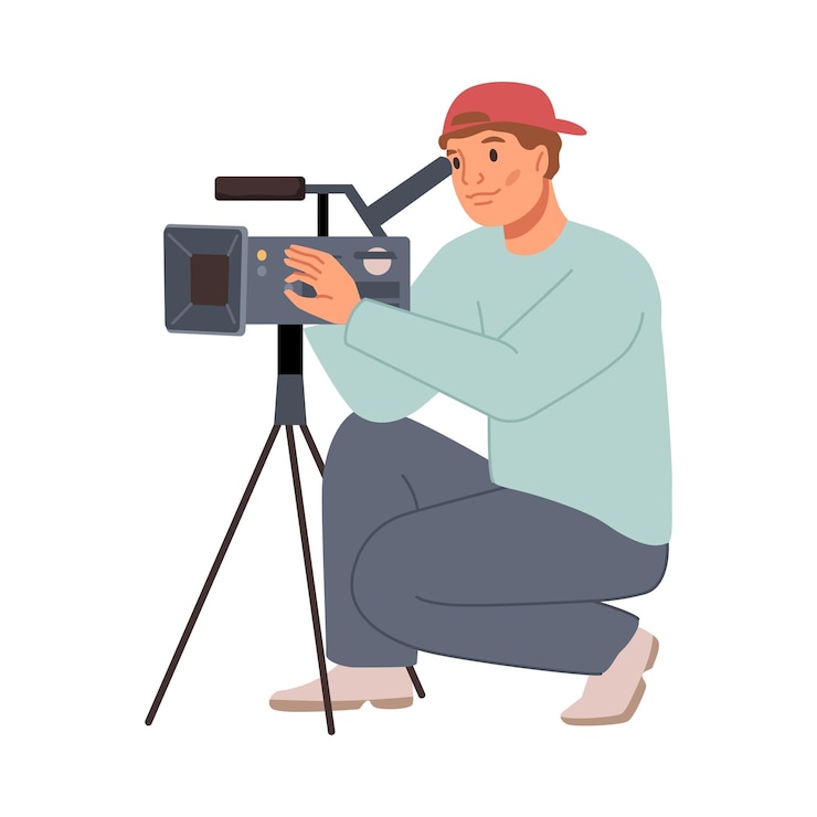 Vector cameraman with camera on tripod for shooting video