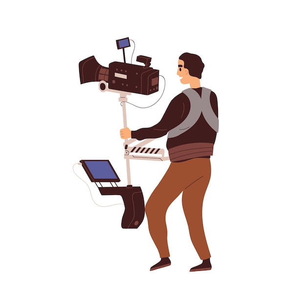 Cameraman with professional equipment of camera and screen attached to body. Movie operator shoot. Film-maker at work, video production backstage. Flat vector illustration isolated on white background