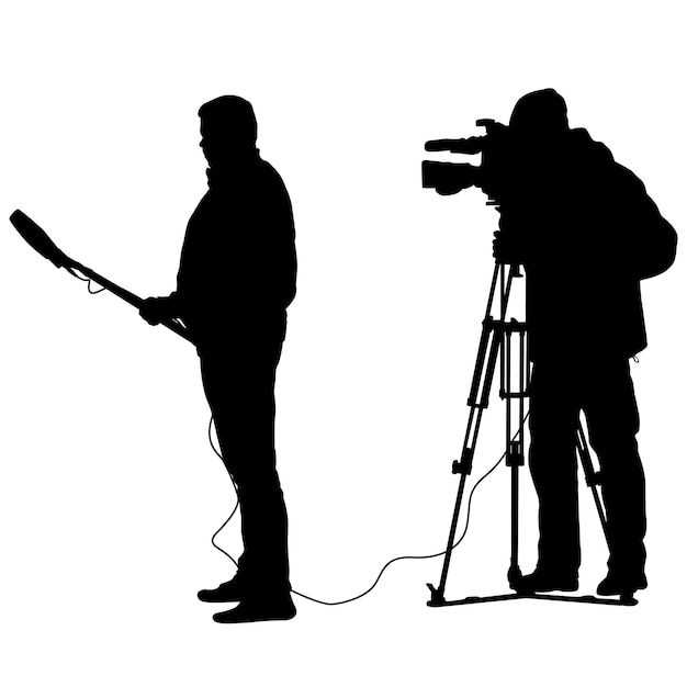 Cameraman with video camera silhouettes on white background