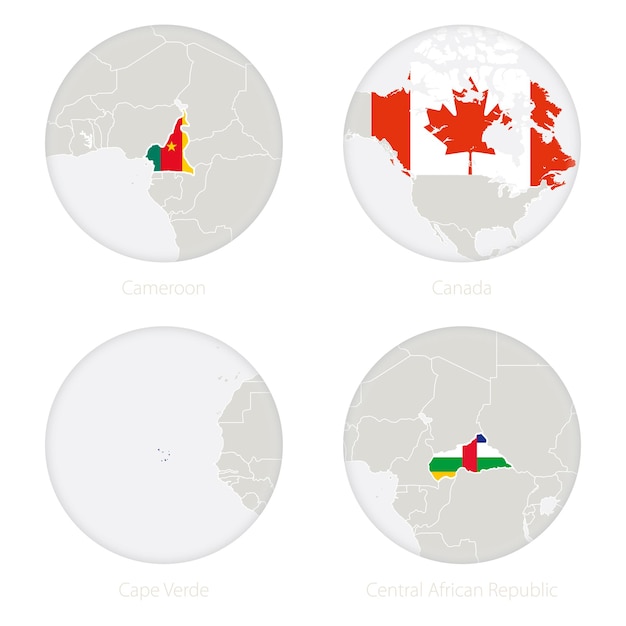 Vettore camerun, canada, capo verde, repubblica centrafricana mappa contorno e bandiera nazionale in un cerchio. illustrazione di vettore.
