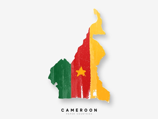 Cameroon detailed map with flag of country. Painted in watercolor paint colors in the national flag.