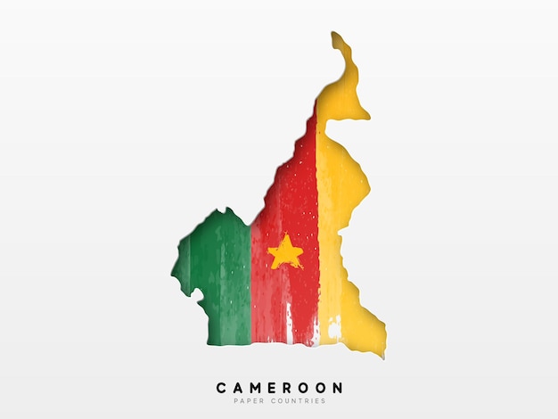 Cameroon detailed map with flag of country. Painted in watercolor paint colors in the national flag.