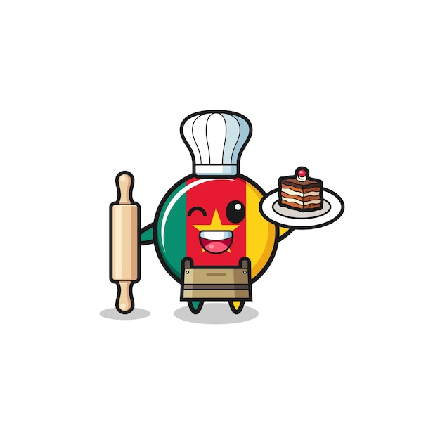 Cameroon flag as pastry chef mascot hold rolling pin