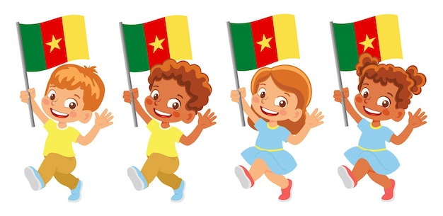 Cameroon flag in hand. Children holding flag. National flag of Cameroon