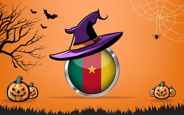 круглый флаг Камеруна с баннером Happy Halloween или приглашением на вечеринку, летучие мыши, пауки и тыквы, оранжевый фон