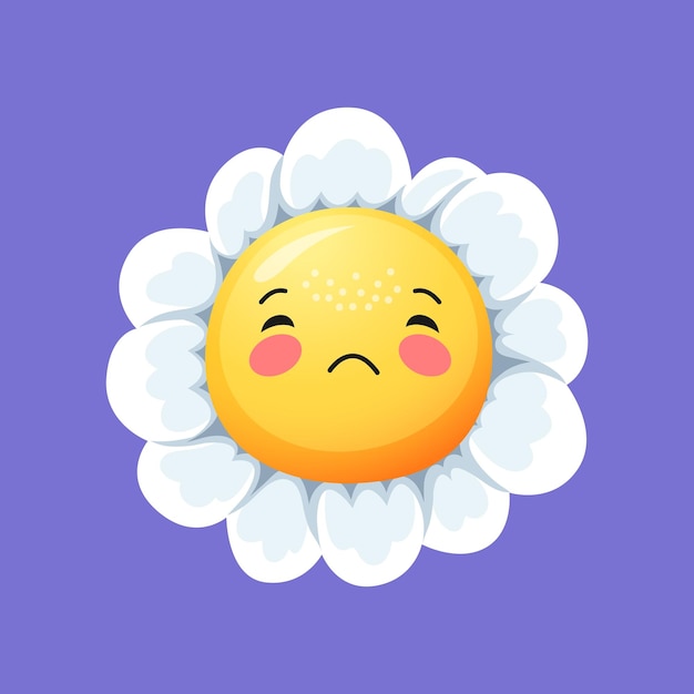 Vector camomile smile daisy flower character cartoon forlorn chamomile with drooping petals wearing a frowning face reflecting a poignant and melancholic mood emotive and charming floral vector personage