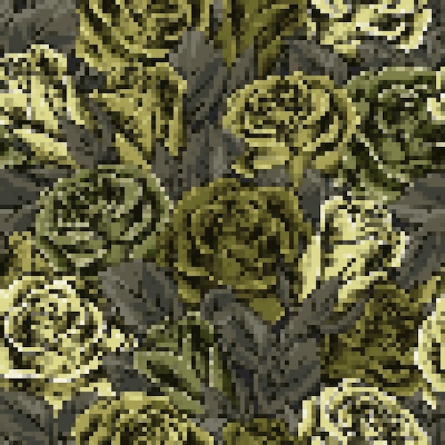 Vector camouflage green pattern with lush blooming roses pixel retro effect