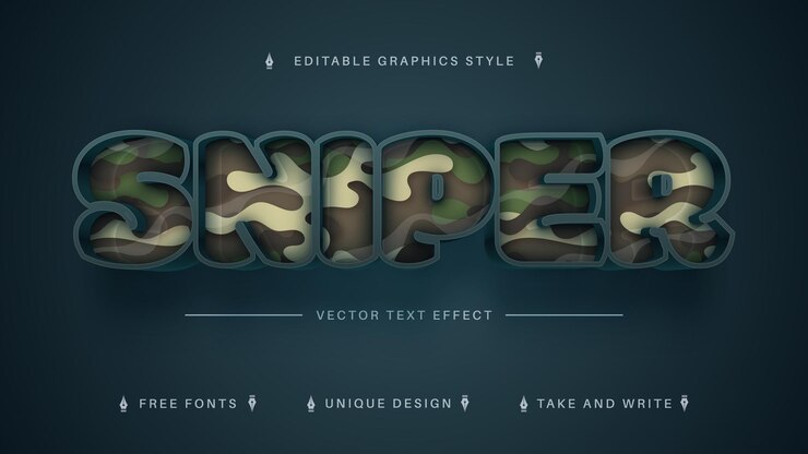 Vector camouflage sniper editable text effect, font style