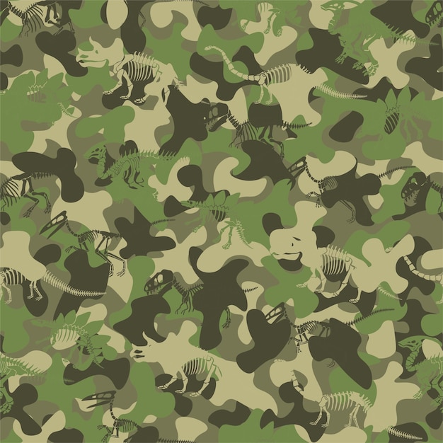 Camouflage vector pattern with dinosaur skeleton