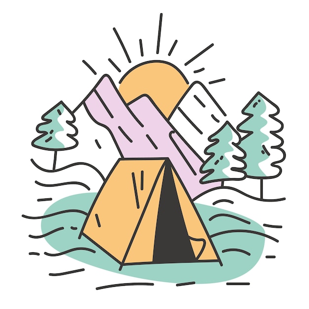 キャンプ森林テント自然屋外キャンプファイヤーコンセプト漫画グラフィックデザイン要素イラスト