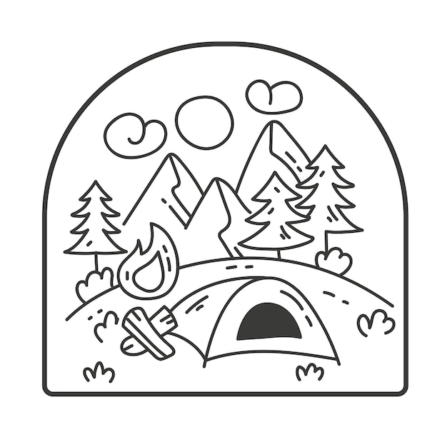 Illustrazione del fumetto di progettazione grafica di concetto della siluetta del logotipo del distintivo di turismo della foresta del campo