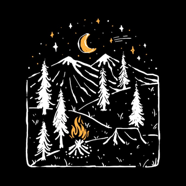캠프 하이킹 자연 와일드 라인 그래픽 일러스트 아트 티셔츠 디자인