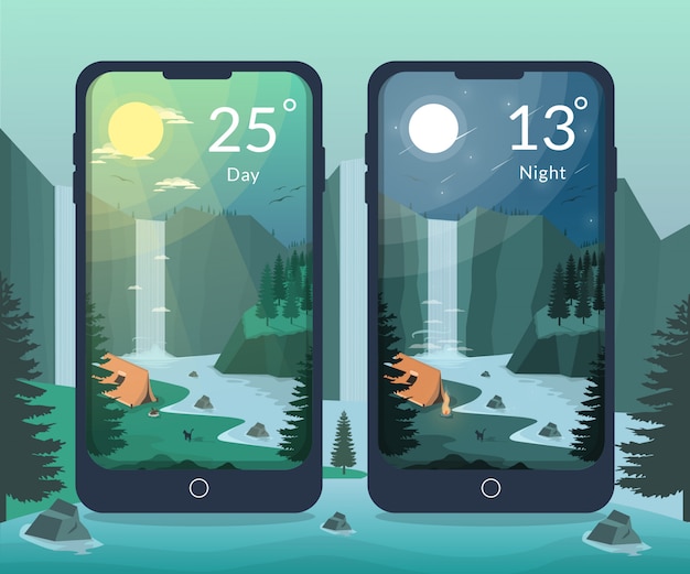 벡터 날씨 모바일 앱에 대한 폭포 강 낮과 밤 그림에서 캠프