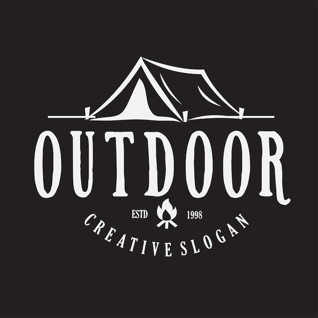 Camp tent in forest or mountains outdoor adventure emblems logos and badges