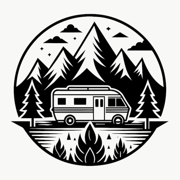 Camp van and forest shilhouette logo