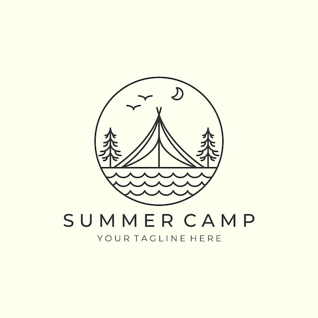 Camp con logo in stile lineare ed emblema illustrazione vettoriale tenda avventura icona modello design