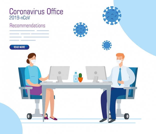 Кампания рекомендаций 2019-нков в офисе с бизнес-парой и иконками, векторная иллюстрация дизайн