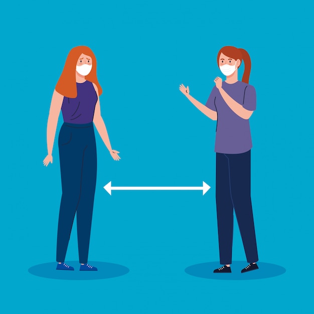 フェイスマスクを使用した女性とのcovid 19の社会的距離のキャンペーン