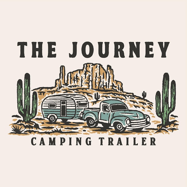 Vector camper illustratie klassieke grafische auto ontwerp woestijn badge cactus vintage tekening wildernis