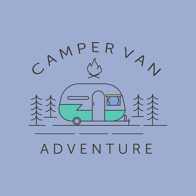 Camper van adventure and campfire line art logo vector symbol illustration design