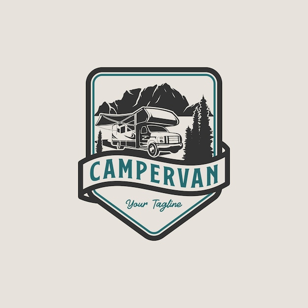 Vettore design del logo dell'auto camper con stile emblema