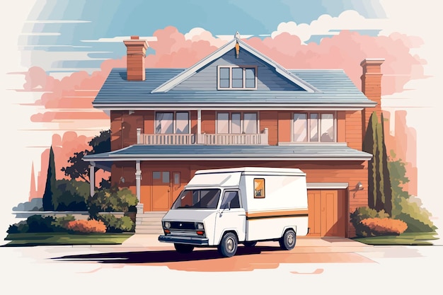 Camper van in front of home illustration