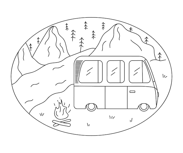 Camper van in the mountains coloring page