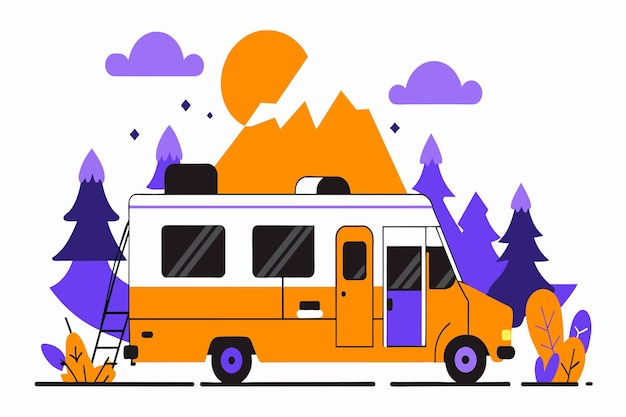 Camper van parked amid trees with mountain backdrop at sunset